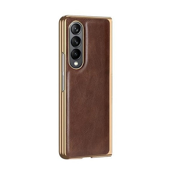 Samsung Galaxy Z Fold 4 Gold Plated Leather Case With Front Glass - Dark Brown