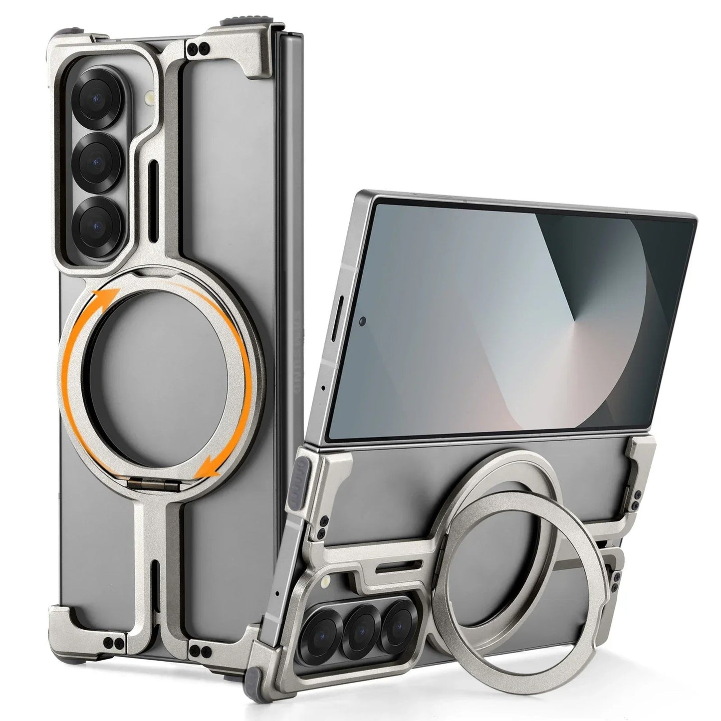 Samsung Galaxy Z Fold 6 Frameless T Shape Metal Bumper Case with Magnetic Ring Stand