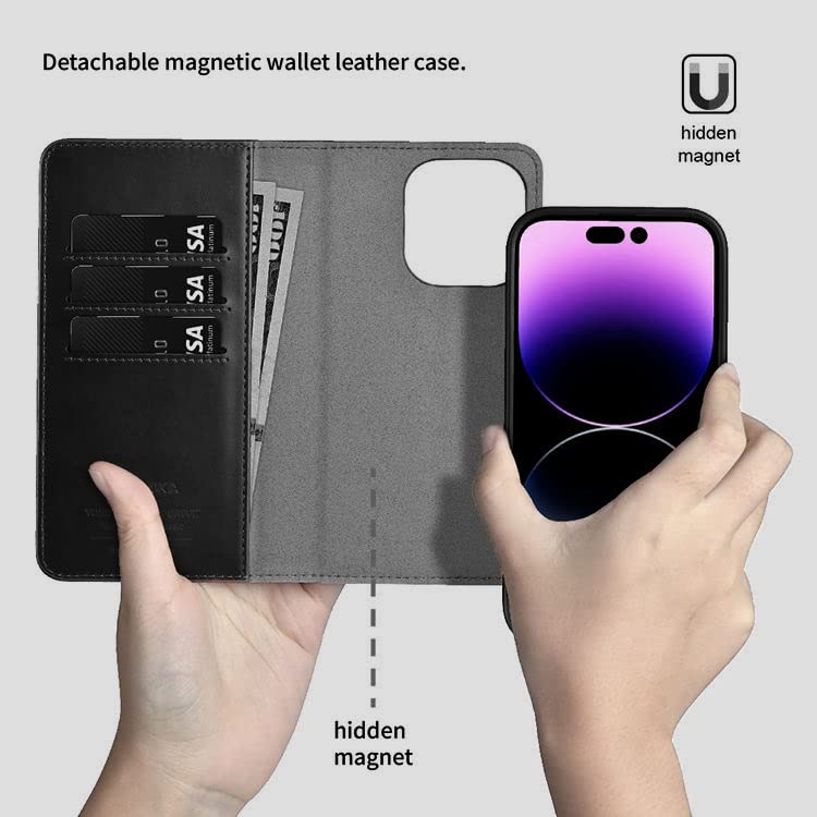 iPhone 15 Pro Max Leather 2in1 Flip Wallet and Back Cover Case - Black