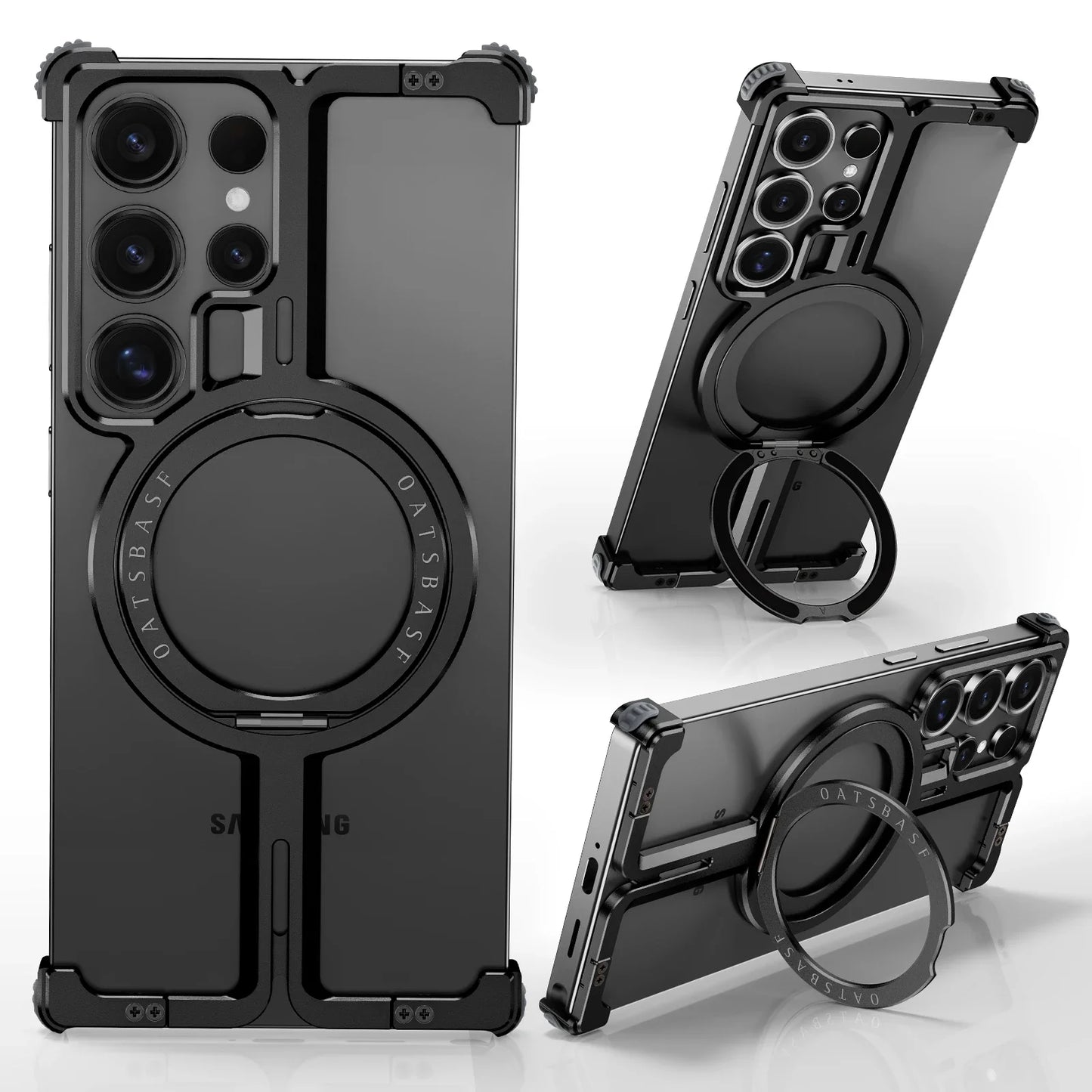 Samsung Galaxy S25 Ultra Frameless Metal Shockproof Bumper Case with Magsafe & 360° Rotatable Ring Kickstand - Black