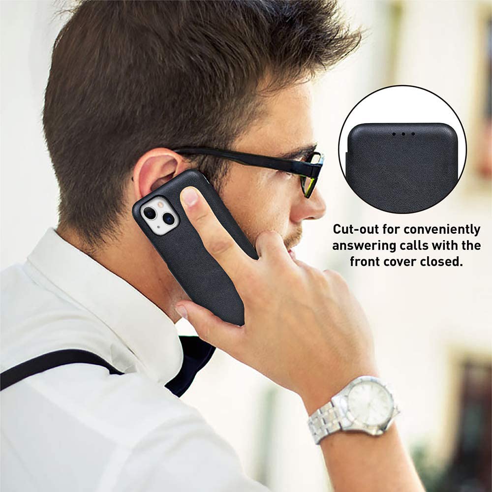 iPhone 13 Leather Wallet Back Case with Card Slot and Kickstand-Black