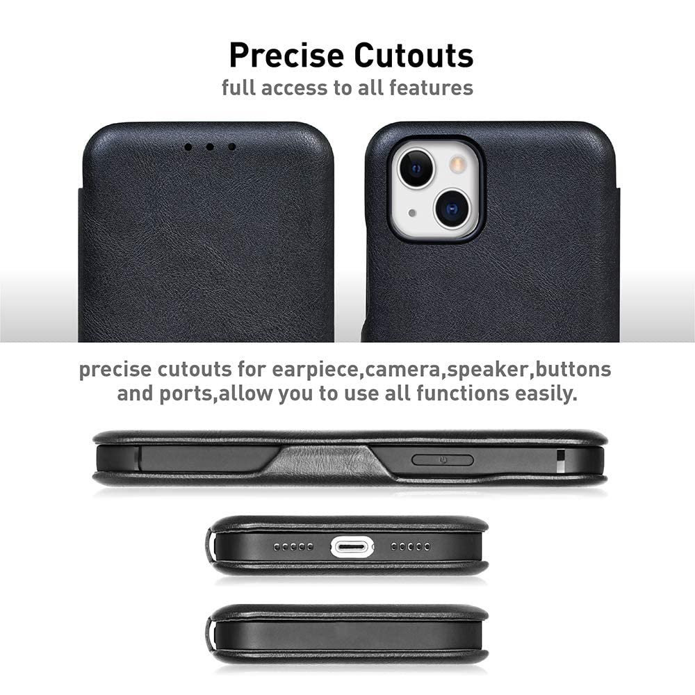 iPhone 13 Leather Wallet Back Case with Card Slot and Kickstand-Black