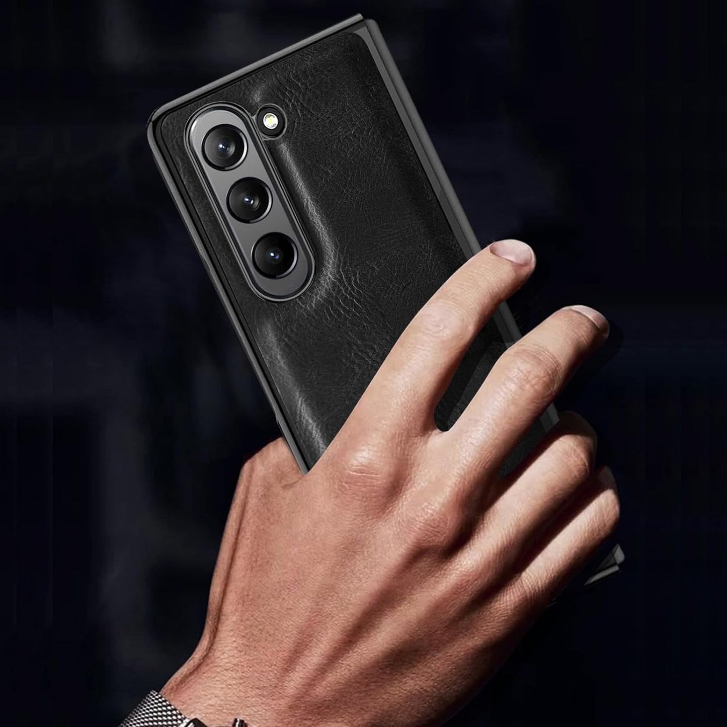 Samsung Galaxy Z Fold 5 Chrome Plated Leather Case With Front Glass - Black