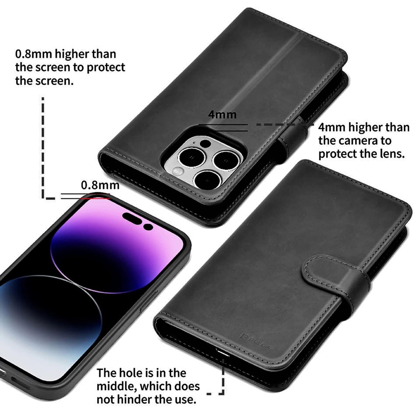 iPhone 15 Pro Max Leather 2in1 Flip Wallet and Back Cover Case - Black