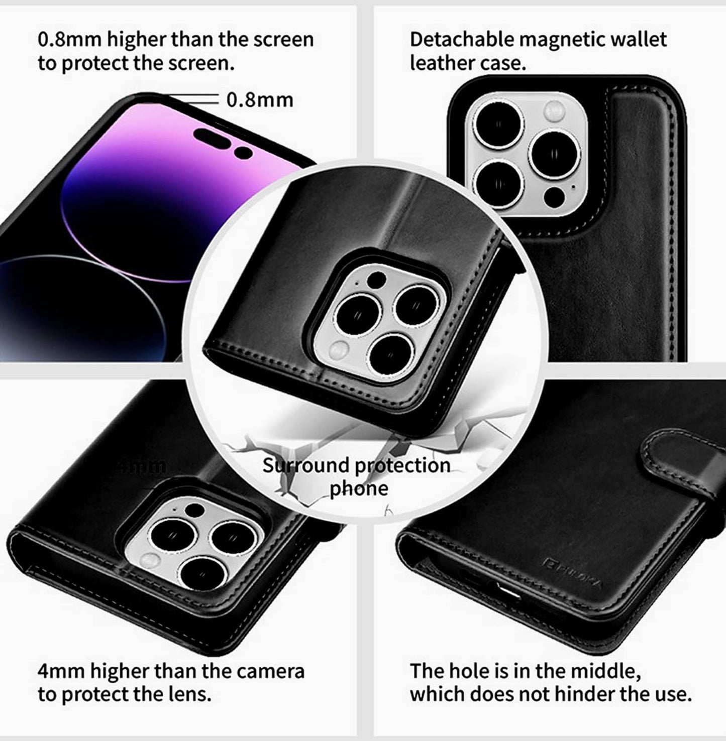 iPhone 15 Pro Max Leather 2in1 Flip Wallet and Back Cover Case - Black