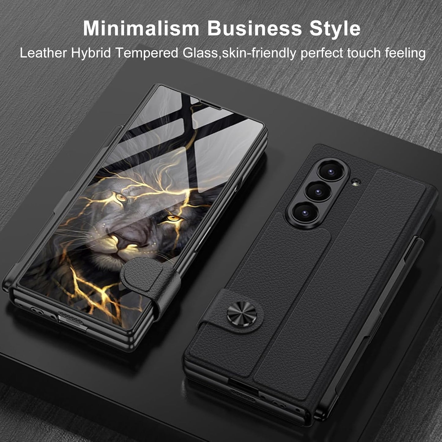 Samsung Galaxy Z Fold 6 GKK Lion Pattern Glass Flip Case With Front Glass - Black