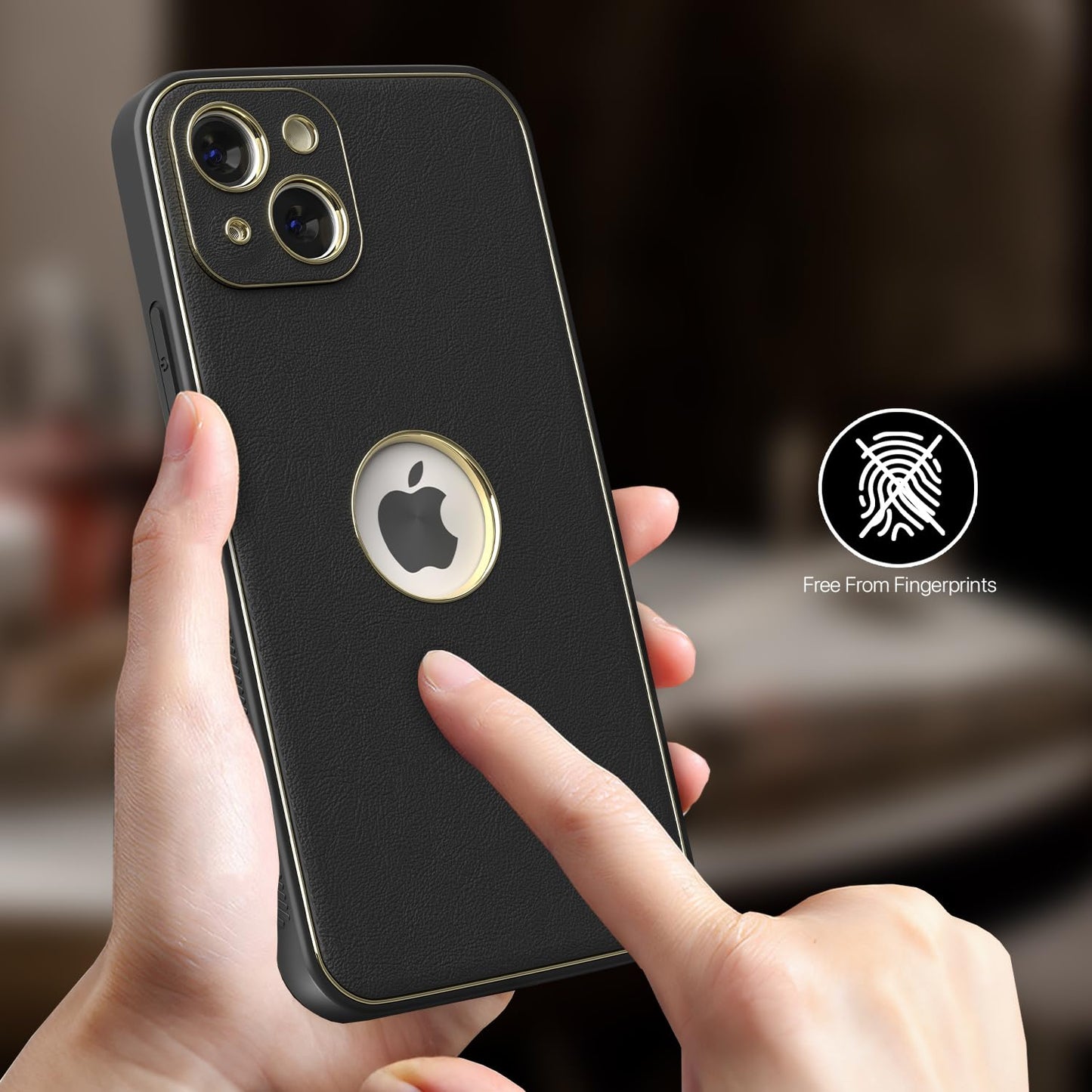 iPhone 13 Leather Silver Electroplated Chrome Back Cover-Black
