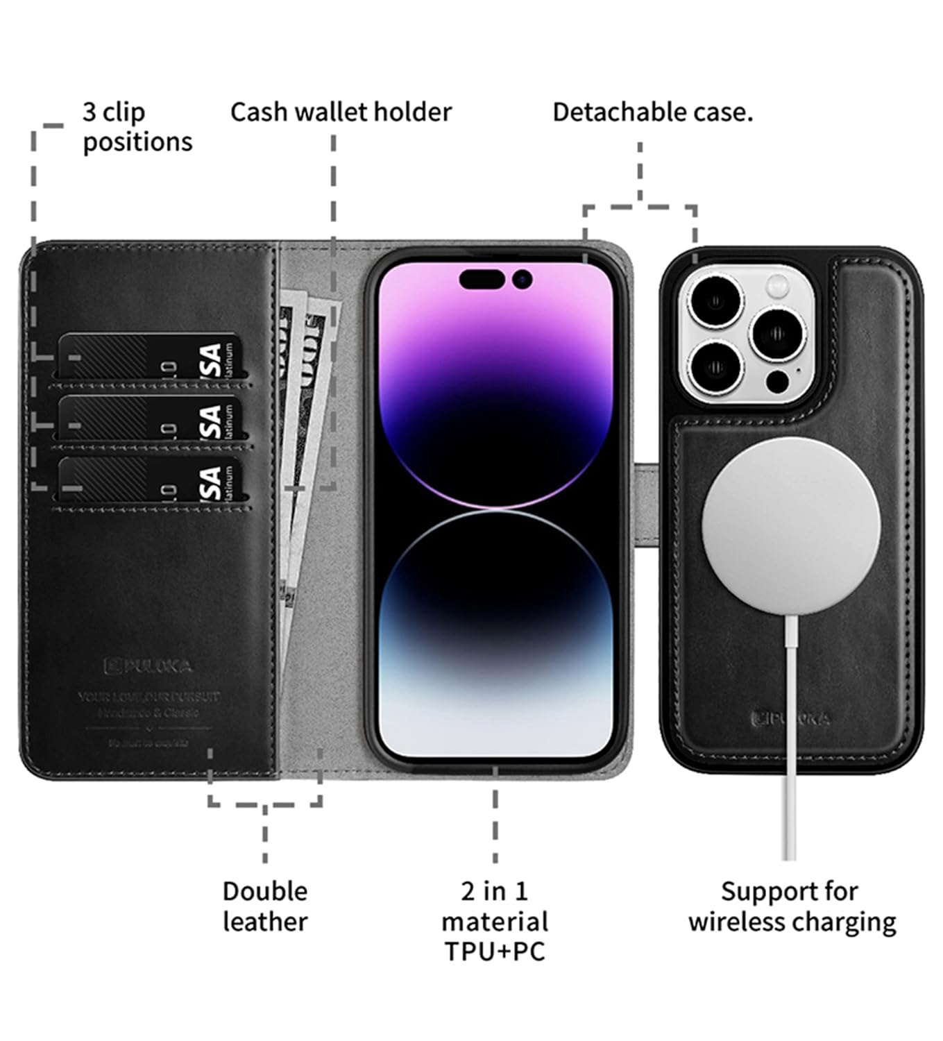 iPhone 15 Pro Max Leather 2in1 Flip Wallet and Back Cover Case - Black