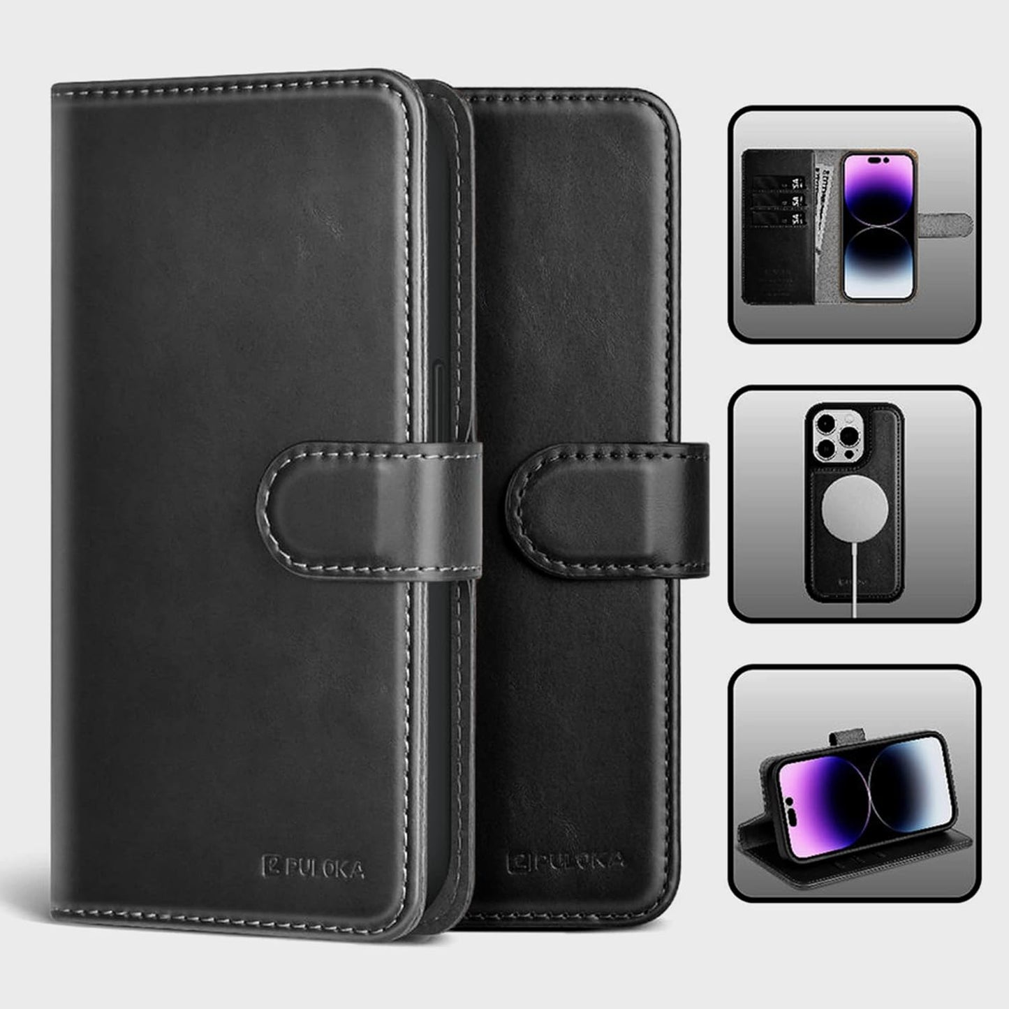 iPhone 15 Pro Max Leather 2in1 Flip Wallet and Back Cover Case - Black