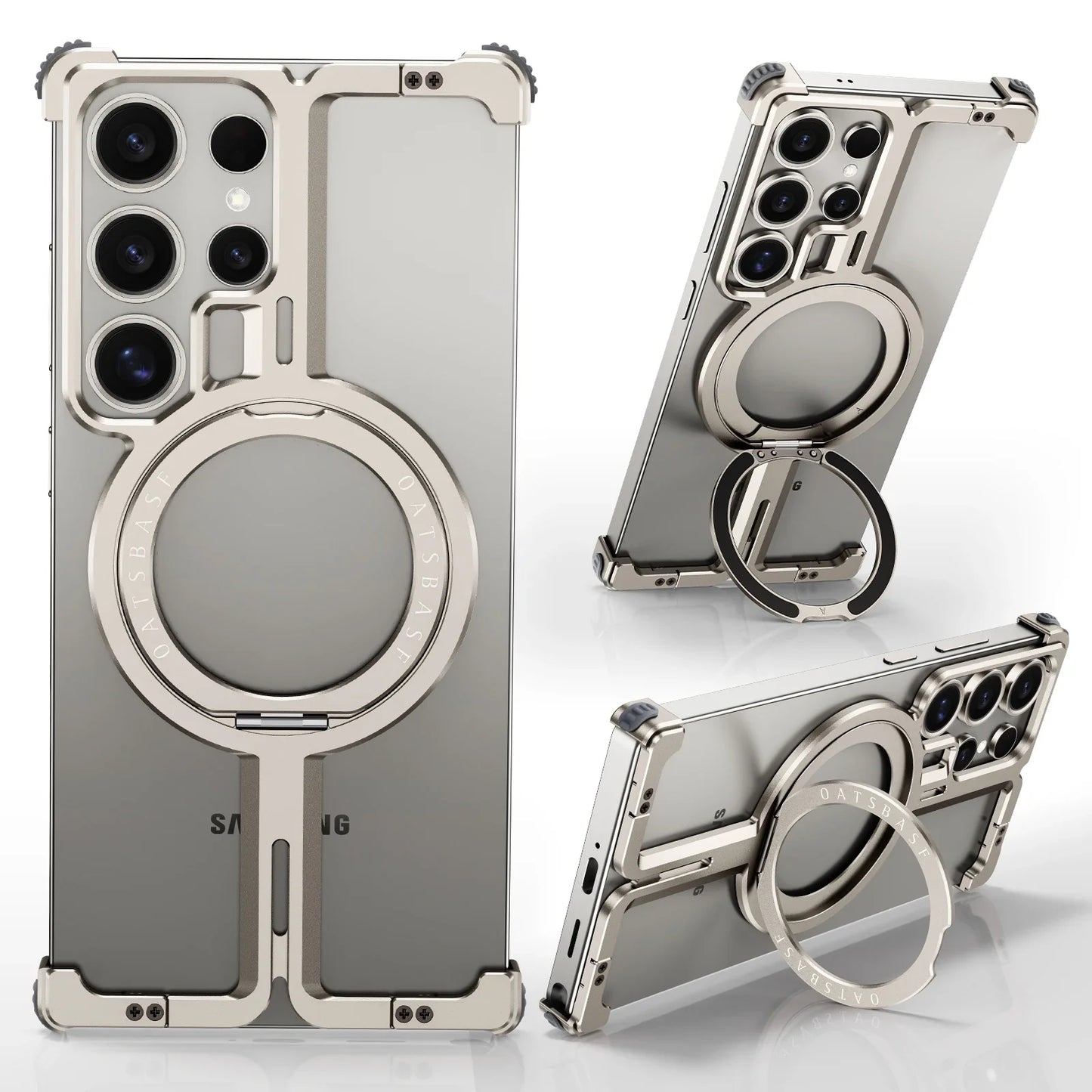 Samsung Galaxy S25 Ultra Frameless Metal Shockproof Bumper Case with Magsafe & 360° Rotatable Ring Kickstand - Titanium