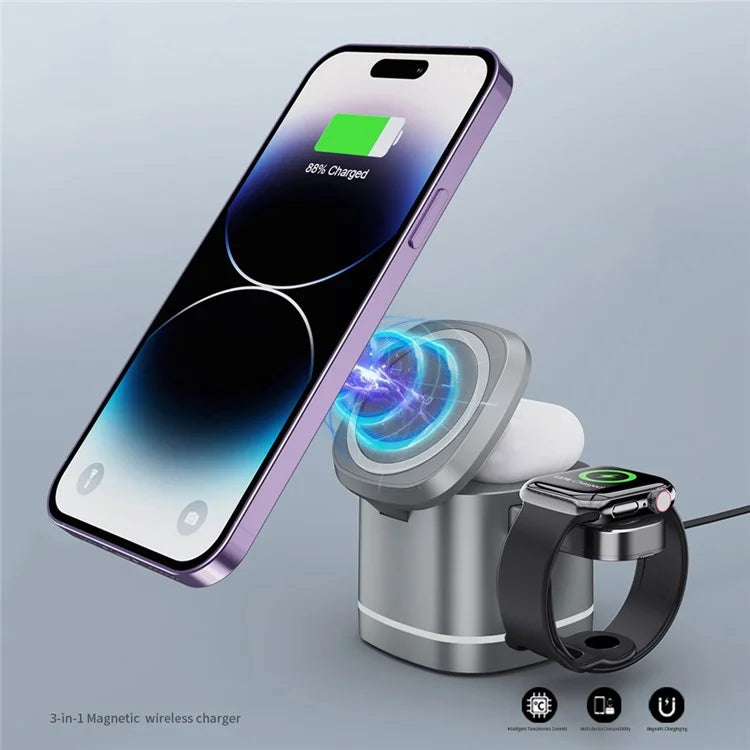 XUNDD 3-in-1 Magnetic Wireless Charger & Folding Charging Station for Headset, iWatch & Airpods - Grey
