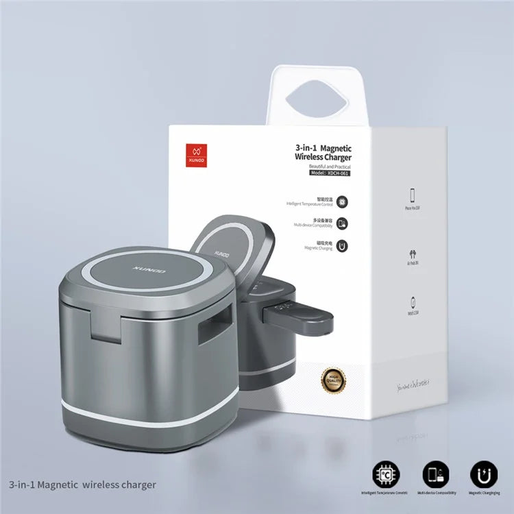 XUNDD 3-in-1 Magnetic Wireless Charger & Folding Charging Station for Headset, iWatch & Airpods - Grey