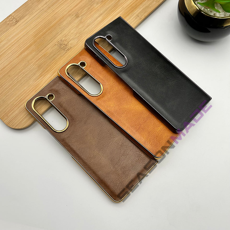 Samsung Galaxy Z Fold 5 Chrome Plated Leather Case With Front Glass - Black