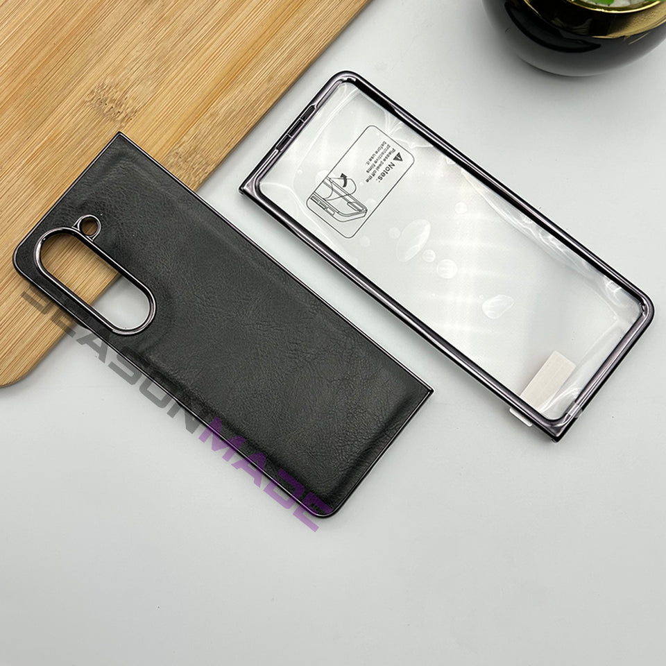 Samsung Galaxy Z Fold 5 Chrome Plated Leather Case With Front Glass - Black