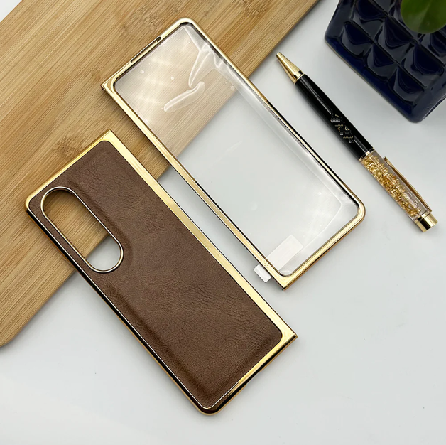 Samsung Galaxy Z Fold 4 Gold Plated Leather Case With Front Glass - Dark Brown