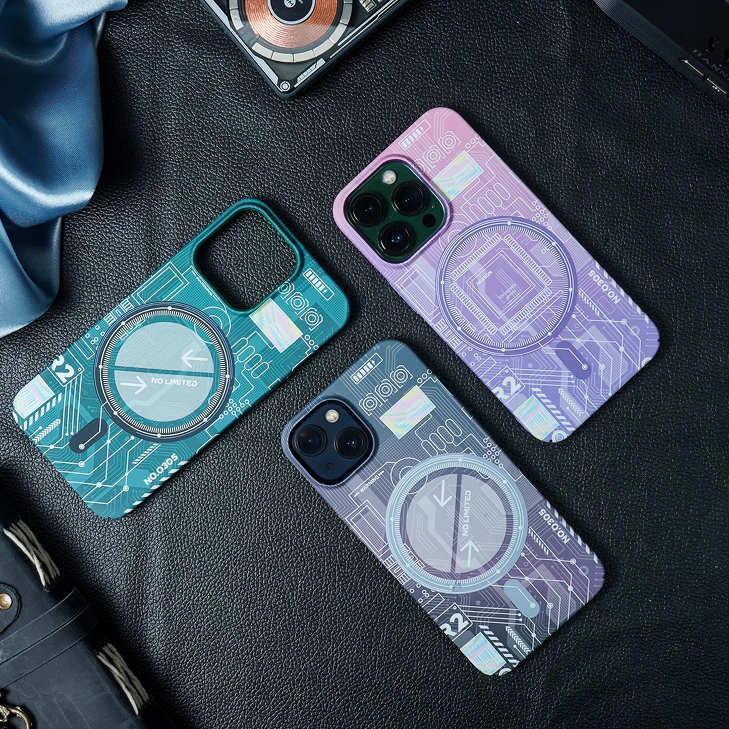 iPhone 15 Pro Radium Glow Futuristic Tech Design Magsafe Case - Purple