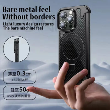 iPhone 15 Pro Max Metal Rimless Carbon Fibre Magnetic Impact Resistance Casing with Stand - Black