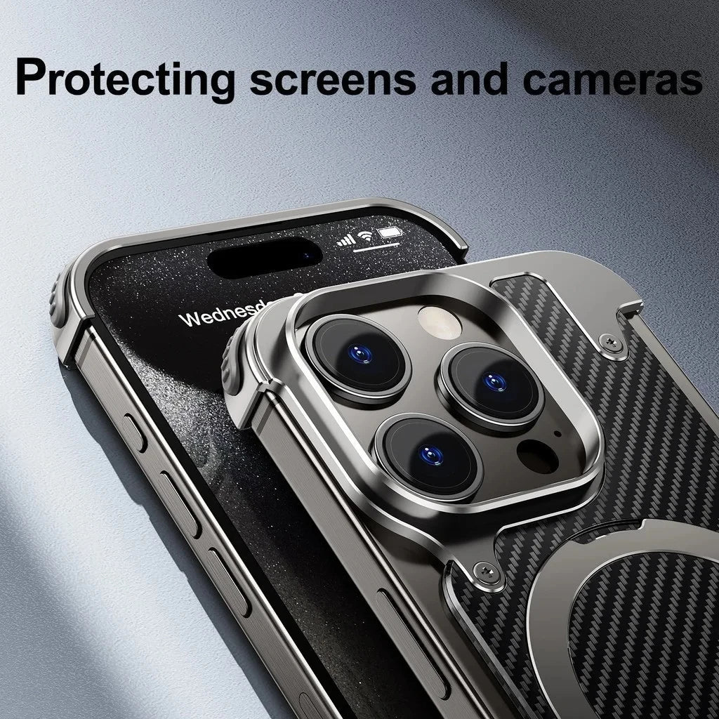 iPhone 15 Pro Max Metal Rimless Carbon Fibre Magnetic Impact Resistance Casing with Stand - Black