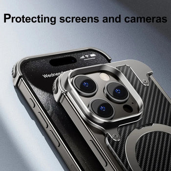iPhone 15 Pro Max Metal Rimless Carbon Fibre Magnetic Impact Resistance Casing with Stand - Black