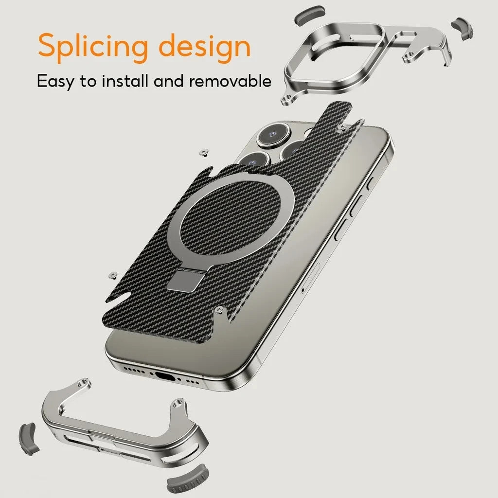 iPhone 15 Pro Max Metal Rimless Carbon Fibre Magnetic Impact Resistance Casing with Stand - Black