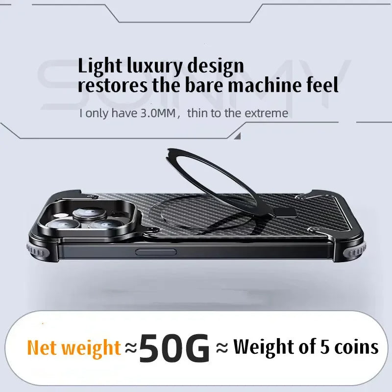 iPhone 15 Pro Max Metal Rimless Carbon Fibre Magnetic Impact Resistance Casing with Stand - Black