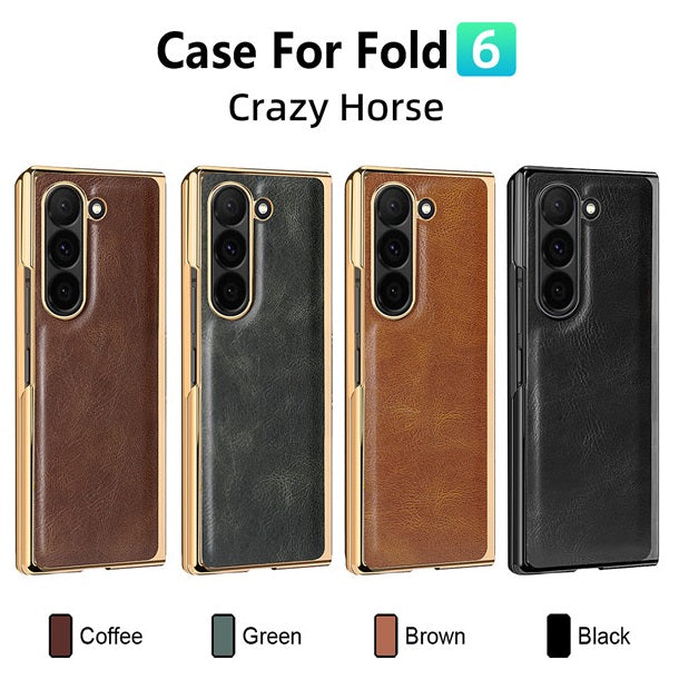 Samsung Galaxy Z Fold 6 Retro Leather Case with Gold Plating & Front Glass