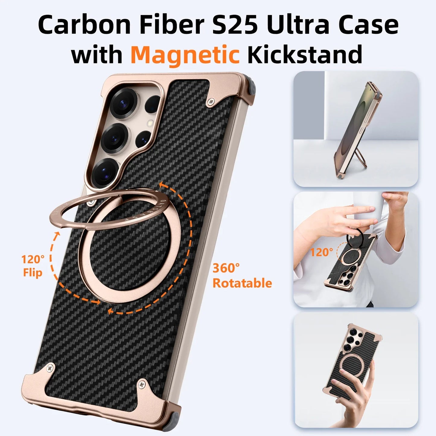 Samsung Galaxy S25 Ultra Framless Carbon Metal Bumper Case with Magsafe & 360 Stand - Black