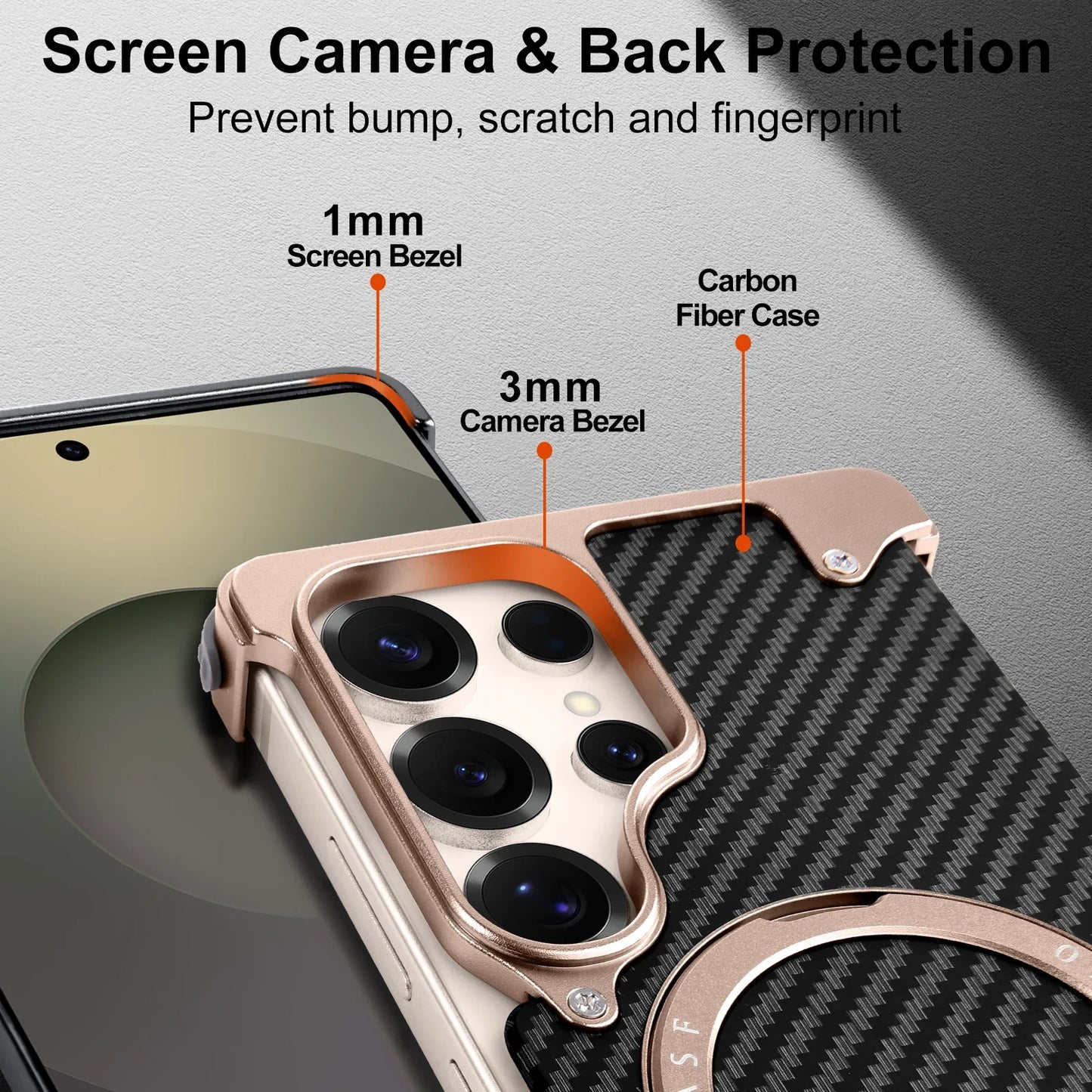 Samsung Galaxy S25 Ultra Framless Carbon Metal Bumper Case with Magsafe & 360 Stand - Black
