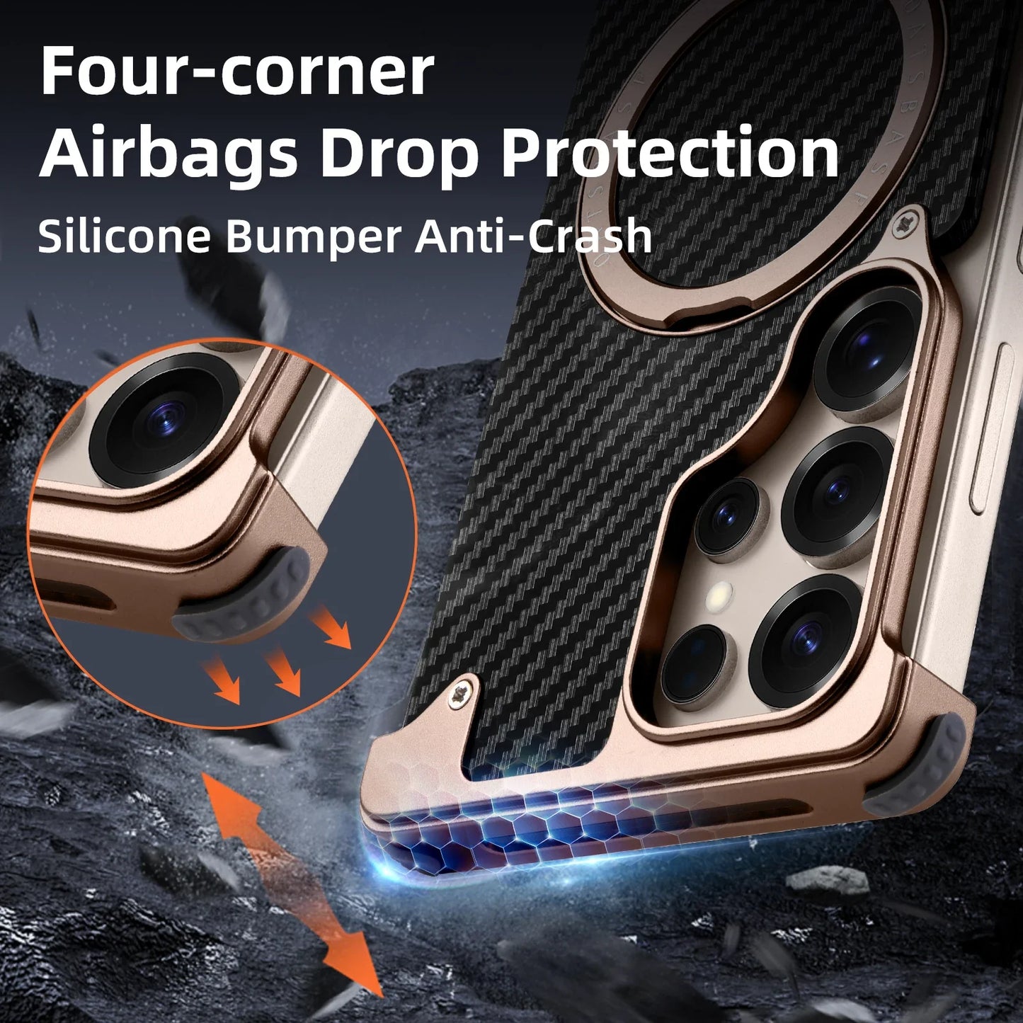 Samsung Galaxy S25 Ultra Framless Carbon Metal Bumper Case with Magsafe & 360 Stand - Black