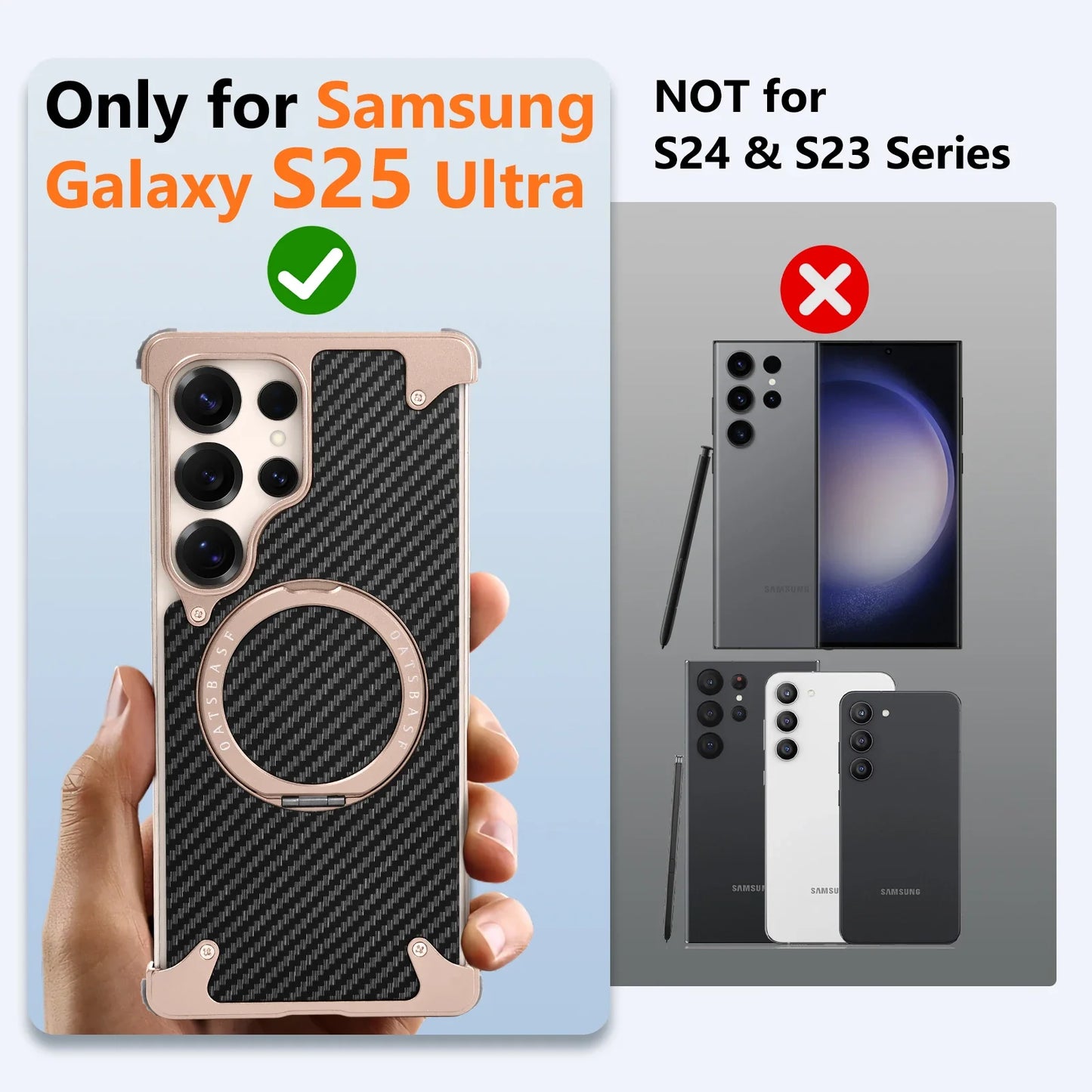 Samsung Galaxy S25 Ultra Framless Carbon Metal Bumper Case with Magsafe & 360 Stand - Black