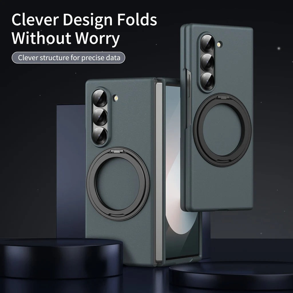 Samsung Galaxy Z Fold 6 Thunderbolt Shockproof Case with 360 Metal Rotating Ring & Front Glass Protection