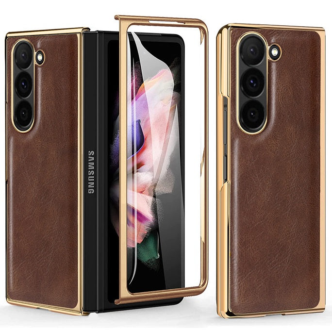 Samsung Galaxy Z Fold 6 Retro Leather Case with Gold Plating & Front Glass