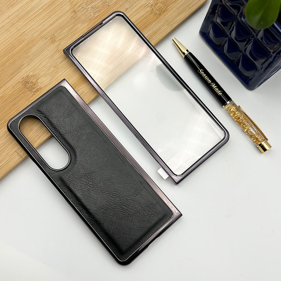 Samsung Galaxy Z Fold 4 Gold Plated Leather Case With Front Glass - Black