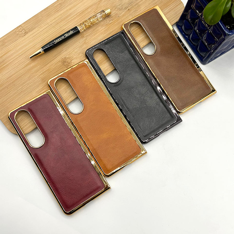 Samsung Galaxy Z Fold 4 Gold Plated Leather Case With Front Glass - Dark Brown