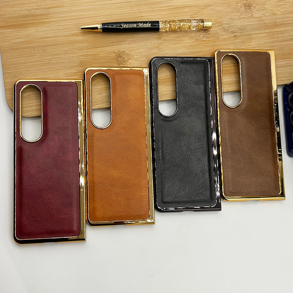 Samsung Galaxy Z Fold 4 Gold Plated Leather Case With Front Glass - Dark Brown