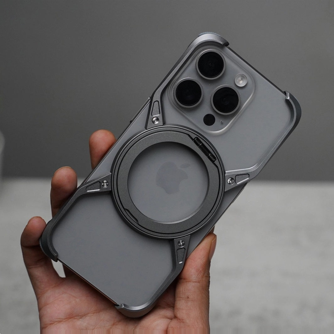 iPhone 16 Pro Max Metal Alloy X Shape Bumper Case with Magsafe & Rotating Stand - Gray