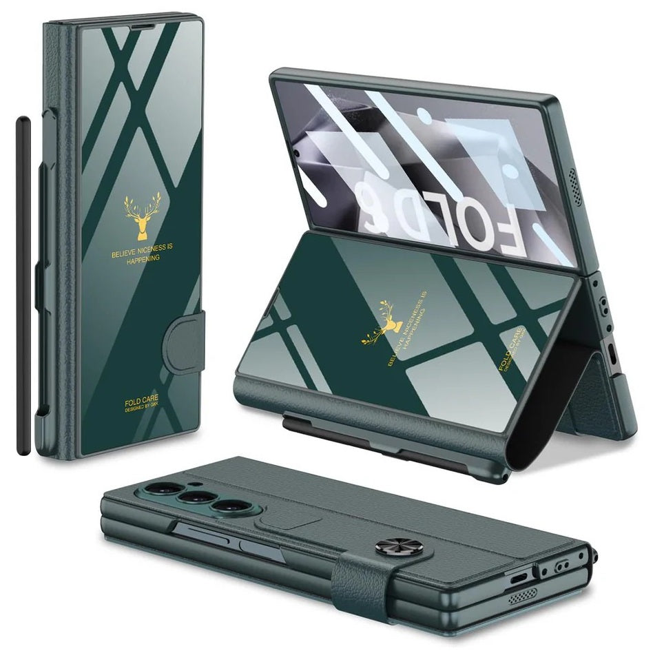 Samsung Galaxy Z Fold 6 GKK Deer Pattern Glass Flip Case With Front Glass - Green