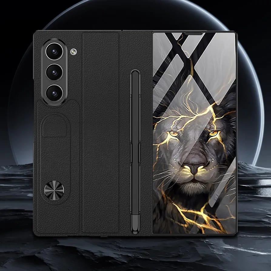 Samsung Galaxy Z Fold 6 GKK Lion Pattern Glass Flip Case With Front Glass - Black