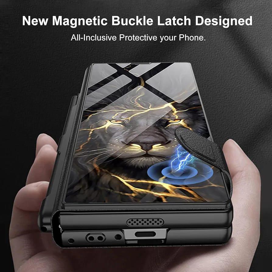 Samsung Galaxy Z Fold 6 GKK Lion Pattern Glass Flip Case With Front Glass - Black
