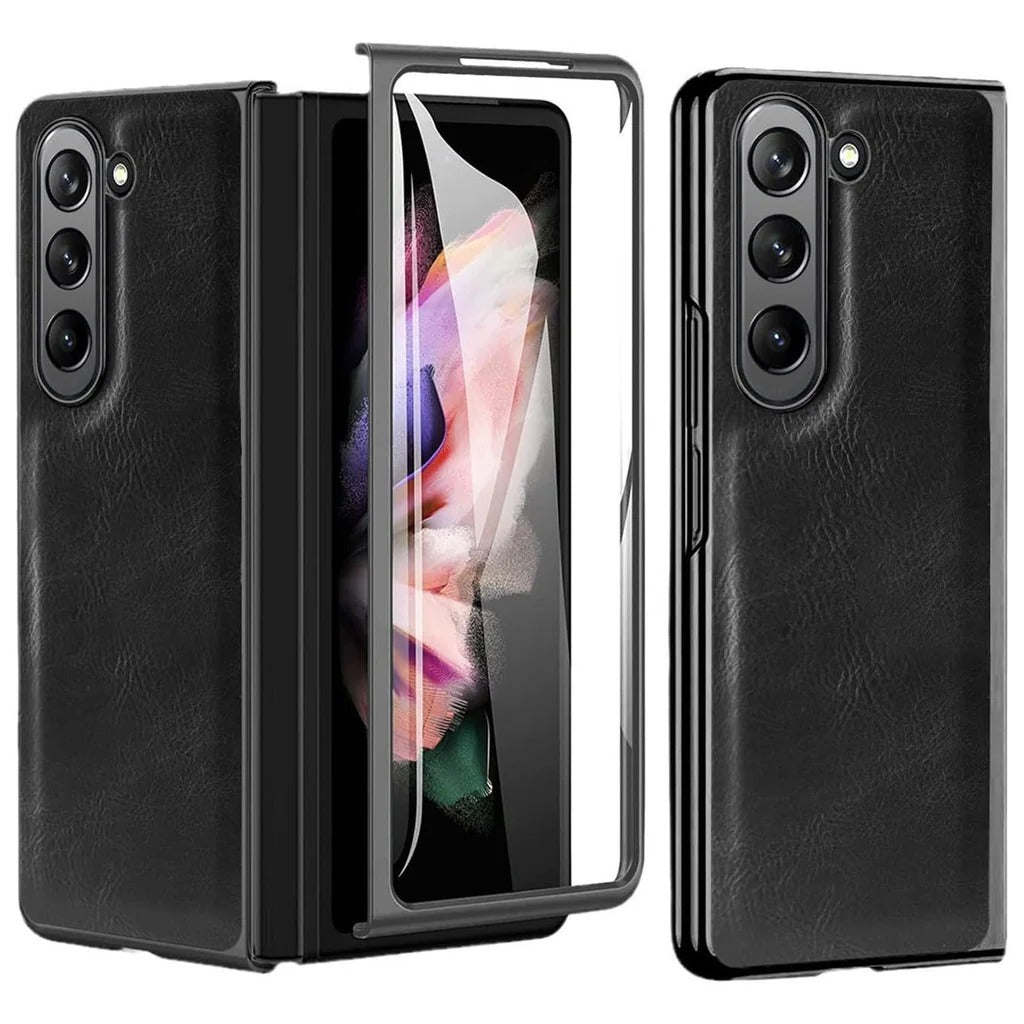 Samsung Galaxy Z Fold 6 Retro Leather Case with Gold Plating & Front Glass