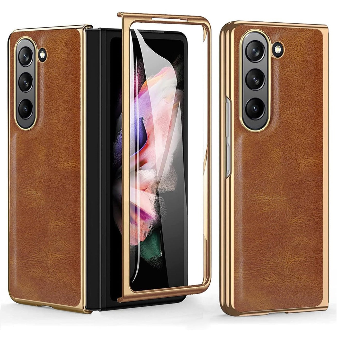 Samsung Galaxy Z Fold 6 Retro Leather Case with Gold Plating & Front Glass