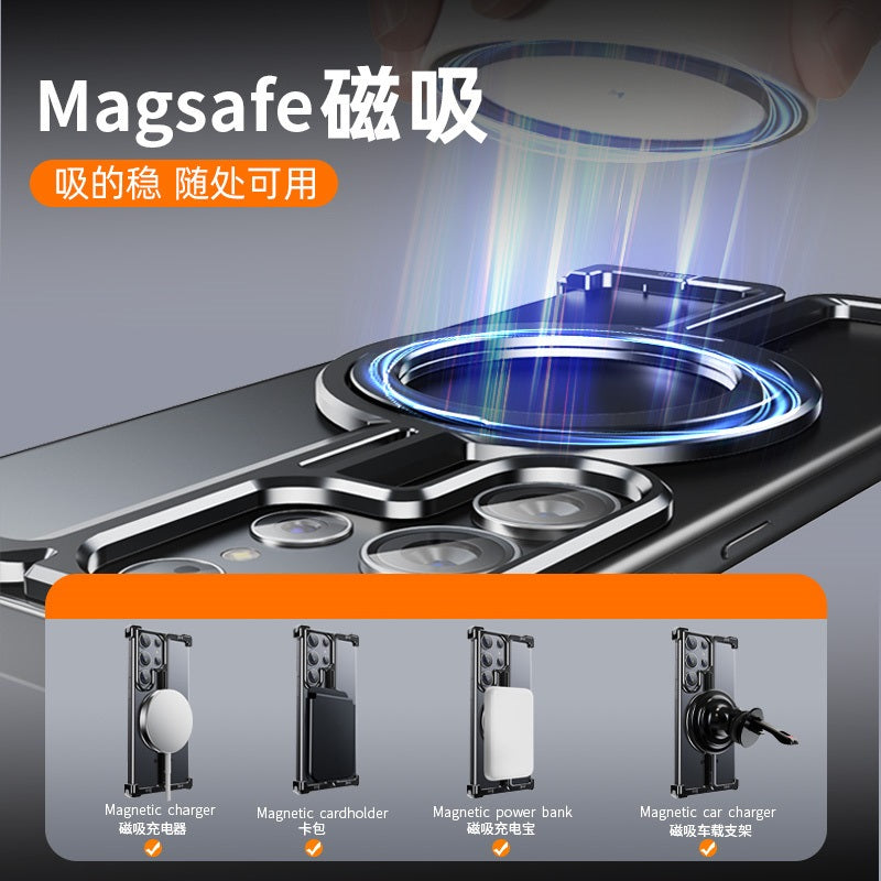 Samsung Galaxy S25 Ultra Frameless Metal Shockproof Bumper Case with Magsafe & 360° Rotatable Ring Kickstand - Titanium