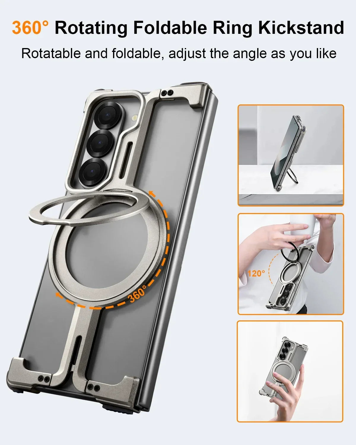 Samsung Galaxy Z Fold 5 Frameless Metal Bumper Case with 360 Magnetic Stand Ring - Black