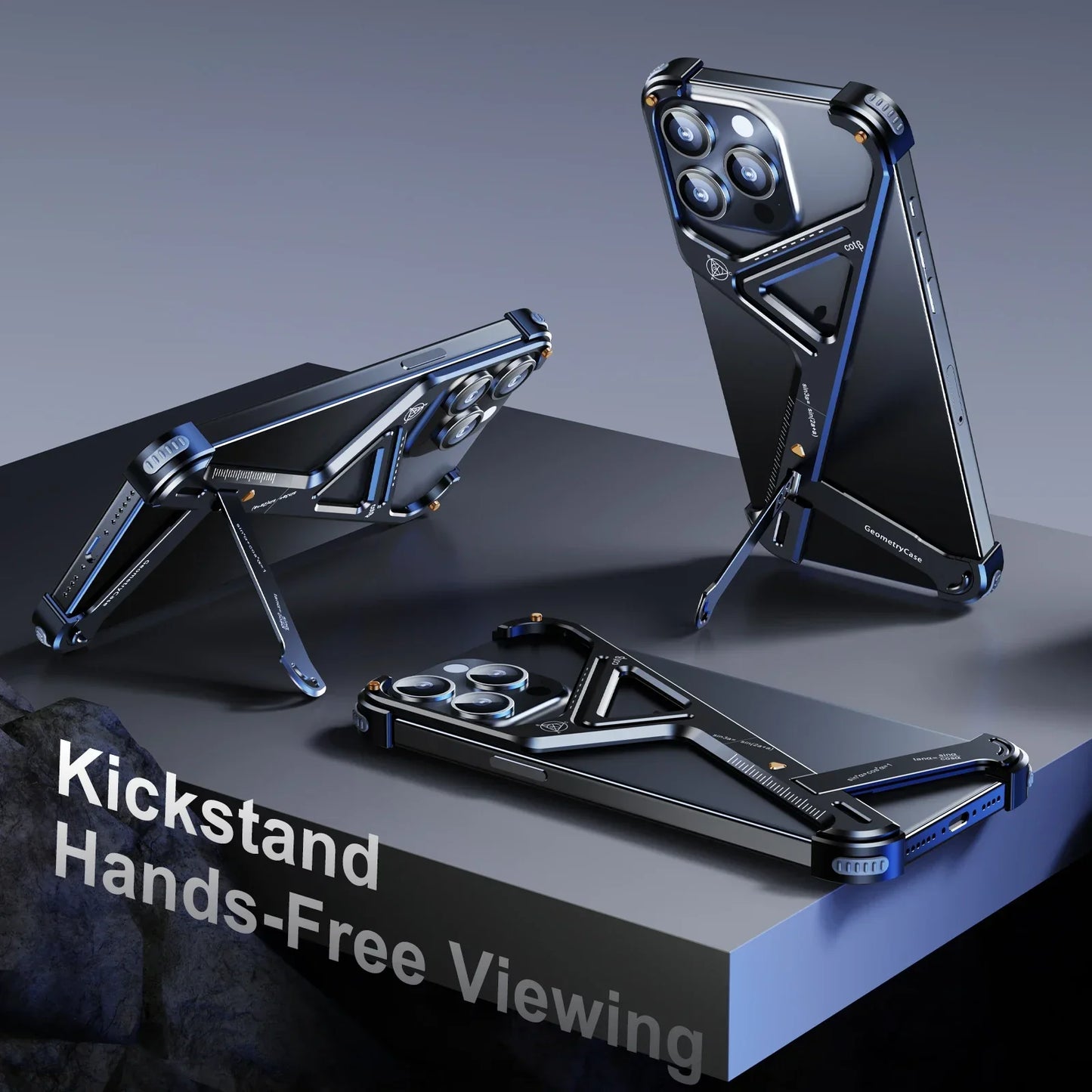 Apple iPhone 16 Pro Luxury Geometric Style Aluminum Frameless Metal Case with Kickstand - Black