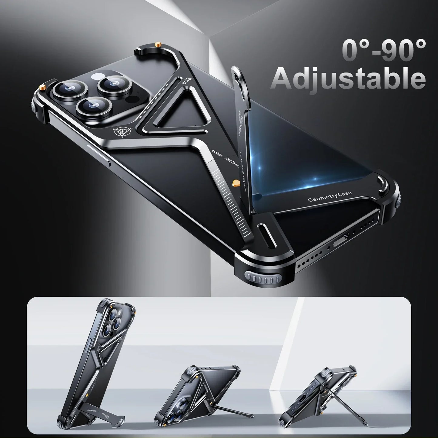 Apple iPhone 16 Pro Luxury Geometric Style Aluminum Frameless Metal Case with Kickstand - Black