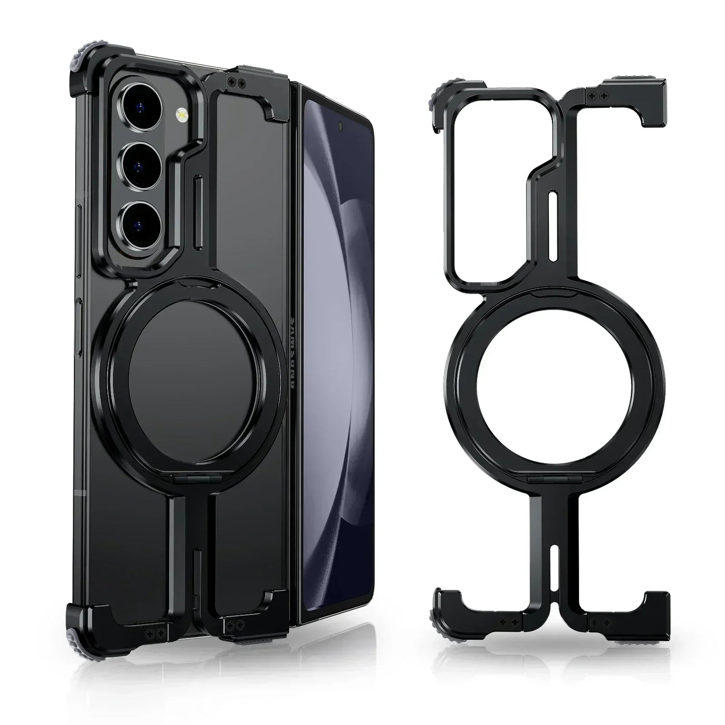 Samsung Galaxy Z Fold 6 Frameless T Shape Metal Bumper Case with Magnetic Ring Stand