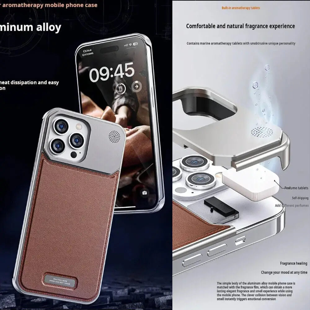 iPhone 16 Pro Max Aero Flex Frameless Aluminum & Leather Case with Fragrance Aroma - Brown