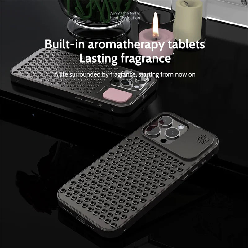 iPhone 15 Pro Metal Heat Dissipation Pure Aluminium Cooling Case with Aroma - Black