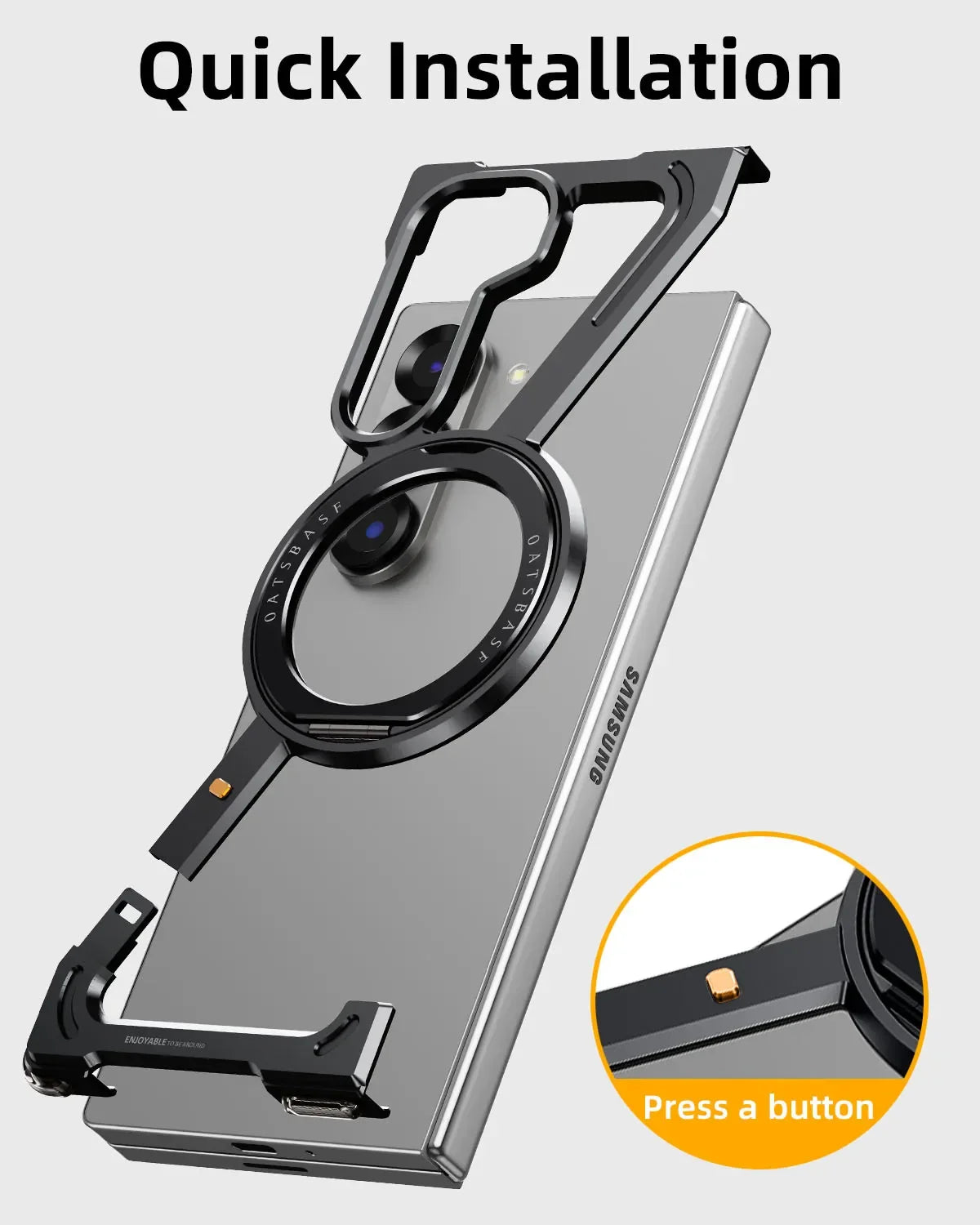 Samsung Galaxy Z Fold5 Frameless Z Shape Metal Bumper Case with 360 Rotating Stand Ring - Black
