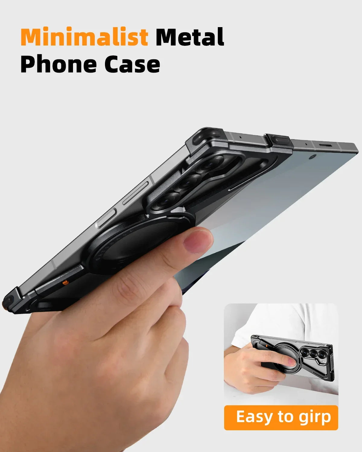 Samsung Galaxy Z Fold5 Frameless Z Shape Metal Bumper Case with 360 Rotating Stand Ring - Black